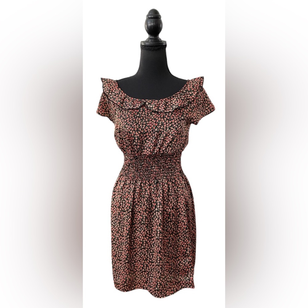 Ophelia and Co: Black Rose Pattern Bib Collared Dress with Elastic Waistband